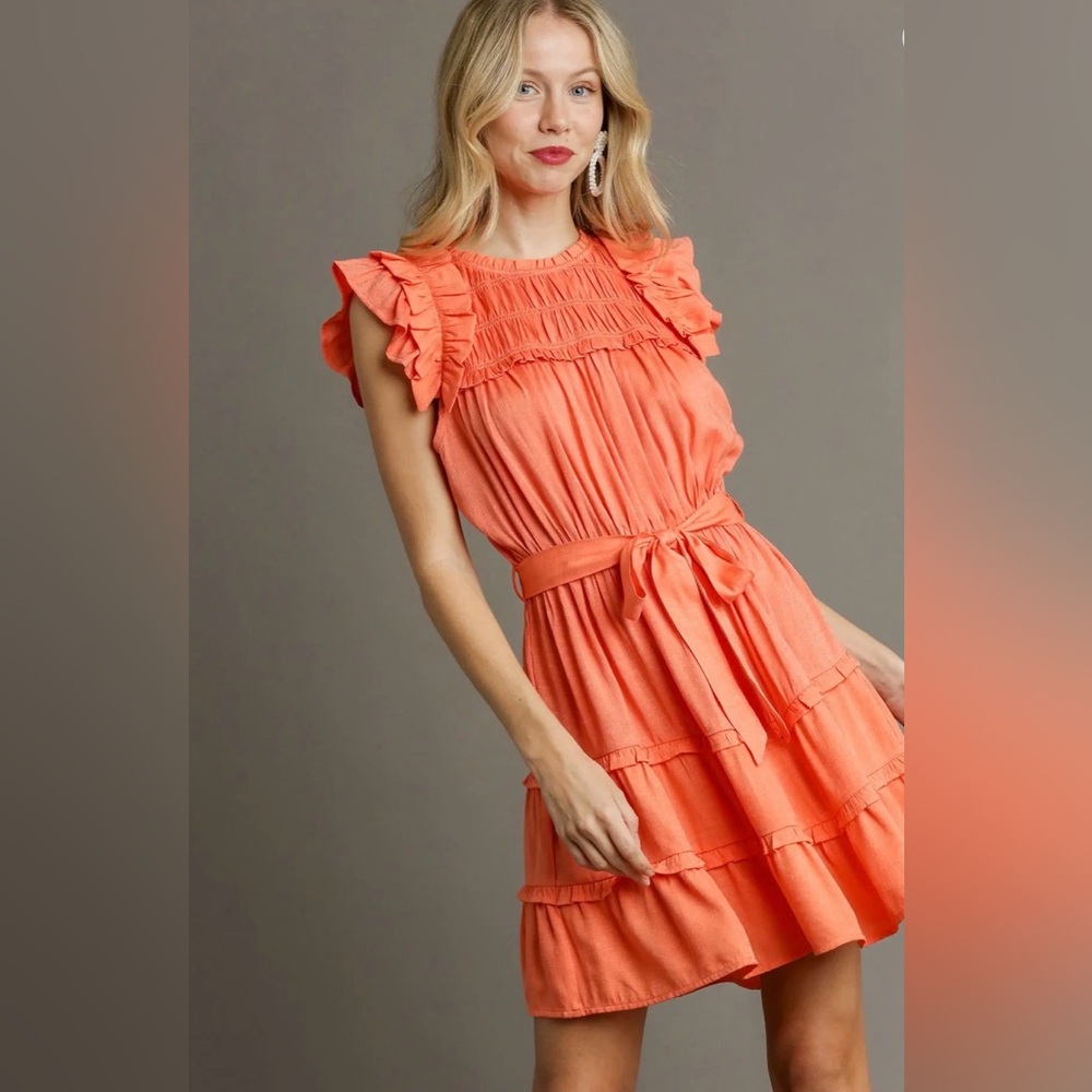 NEW! UMGEE Smocked Round Neck Flutter Sleeve Tiered Dress in Tangerine 🍊